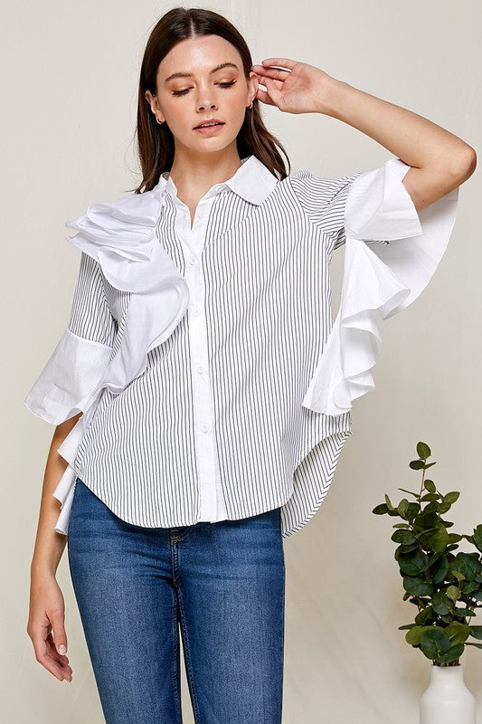 Striped Ruffles Sleeves Blouse Top