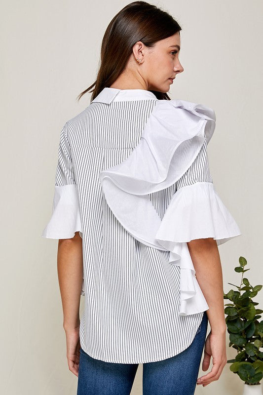 Striped Ruffles Sleeves Blouse Top