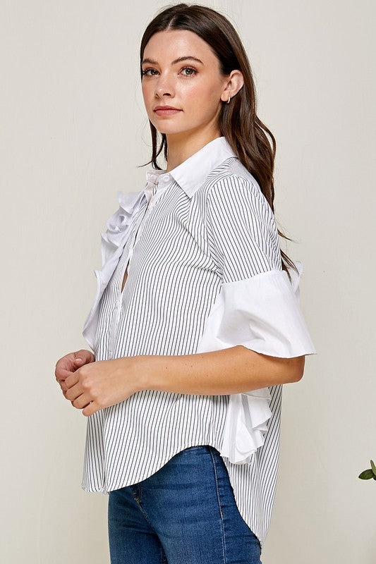 Striped Ruffles Sleeves Blouse Top
