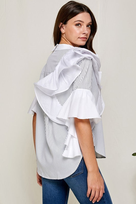 Striped Ruffles Sleeves Blouse Top