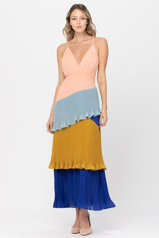 color block pleated maxi dress Debby Color Block Asymmetrical Pleated Maxi Dress M / Neutrals