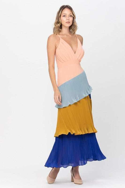 Color Block Tier Pleated Maxi Dress