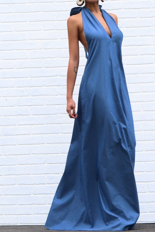Halter Denim Maxi Dress