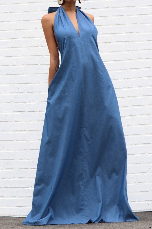 Halter Denim Maxi Dress