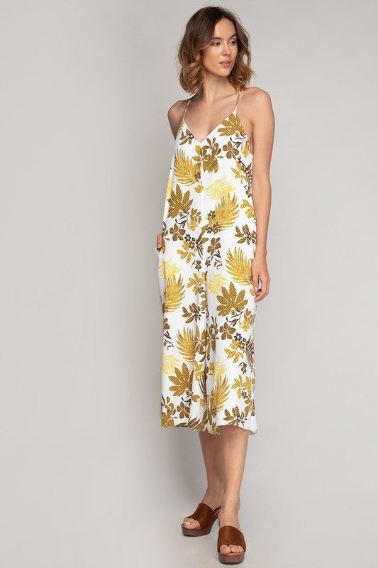 Strappy V-Neck Leave Pattern Romper