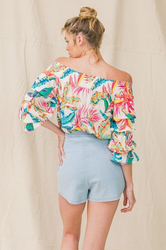 Tropical Print Off Shoulder Top
