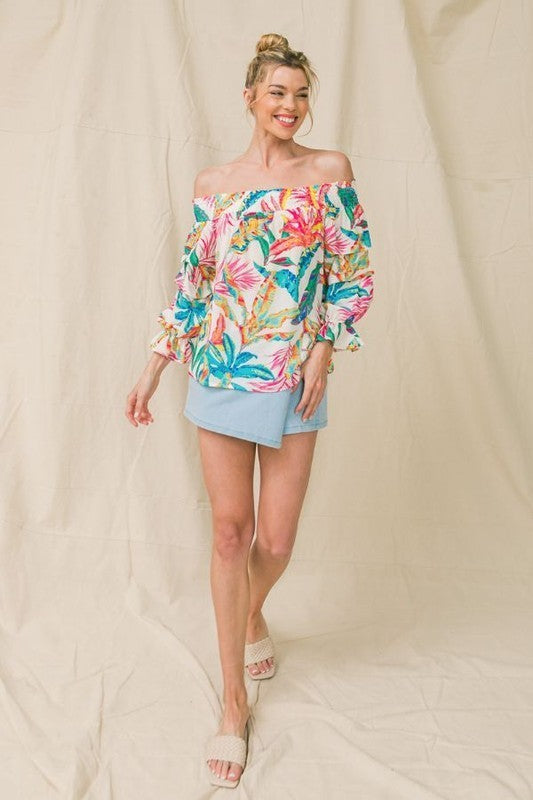 Tropical Print Off Shoulder Top