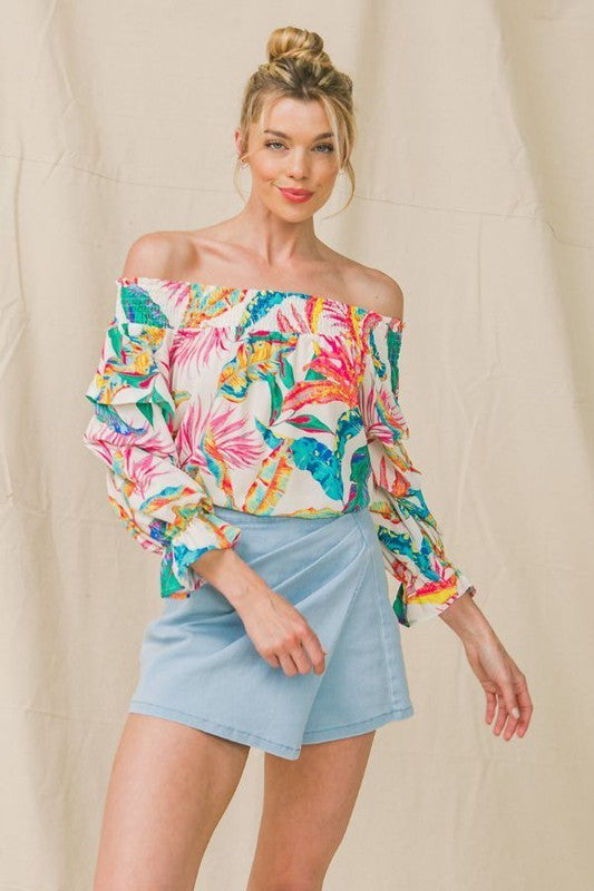Tropical Print Off Shoulder Top