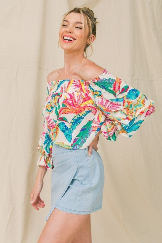 Tropical Print Off Shoulder Top