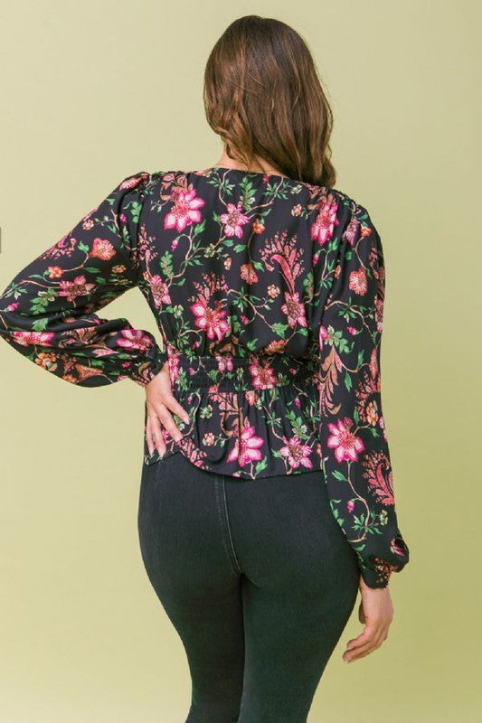 Floral Print Peplum Long Sleeve Top