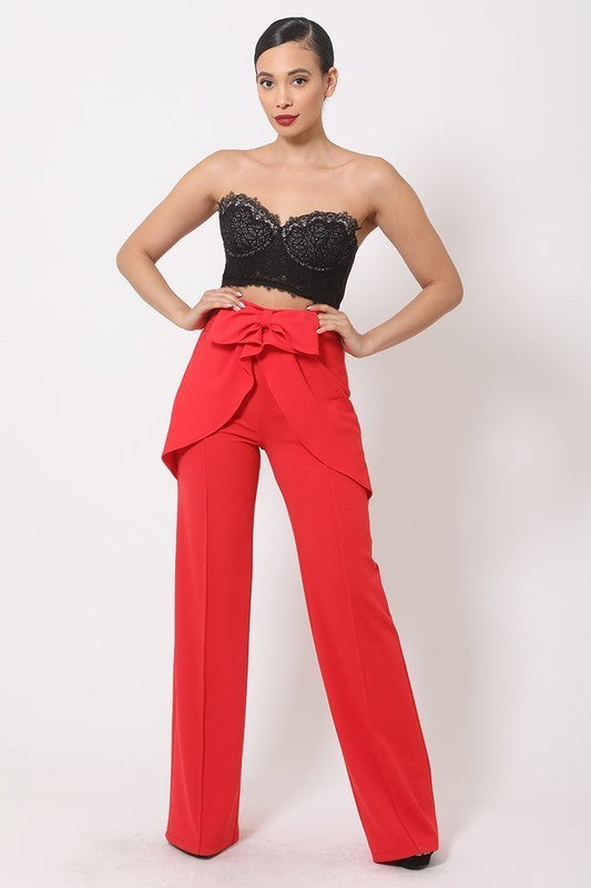 High Waist Ribbon Ruffle Detailed Pants