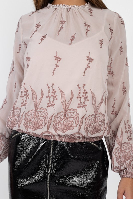 Floral Embroidered Mock Neck Top
