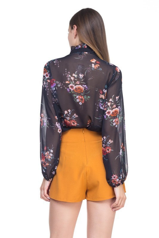 Floral Ruffle Tie Neck Button Down Shirts