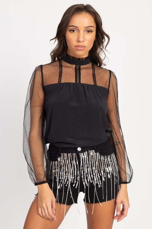 Sheer Clip Dot Mock Neck Top