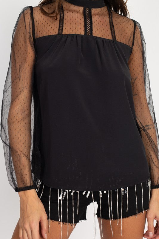 Sheer Clip Dot Mock Neck Top