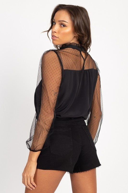 Sheer Clip Dot Mock Neck Top