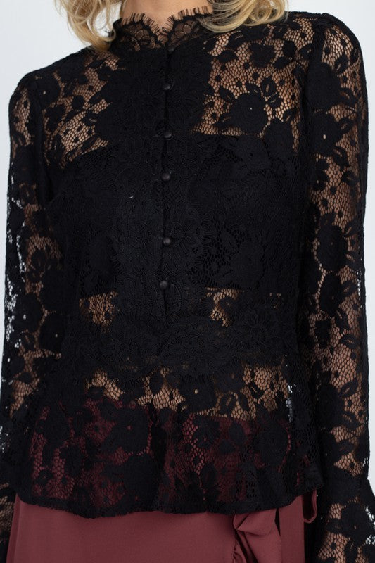 Eyelash Trim Mock Neck Lace Top