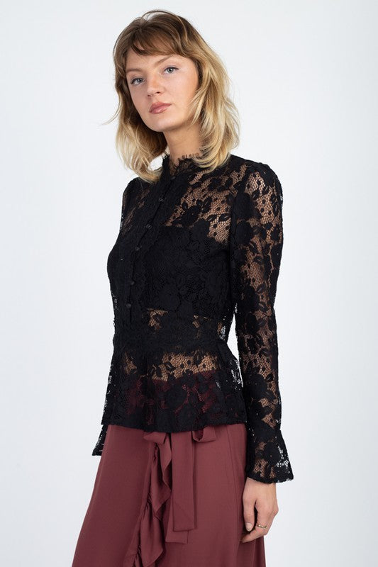 Eyelash Trim Mock Neck Lace Top
