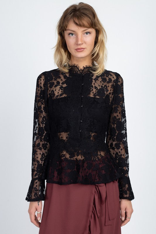 Eyelash Trim Mock Neck Lace Top