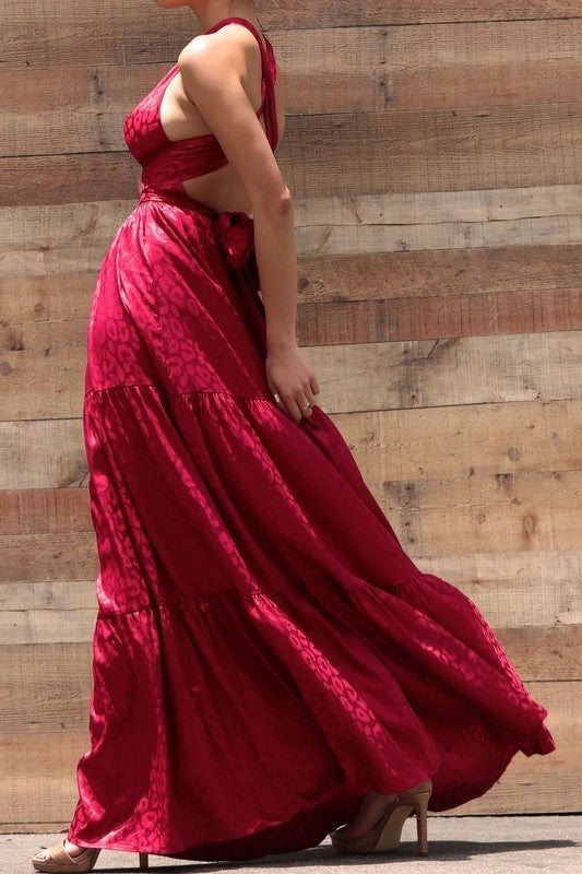 Ruched Tunnel Neckline Satin Maxi Dress
