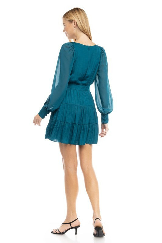 Contrast Long Sleeve Surplice Tiered Dress (Pick Color)