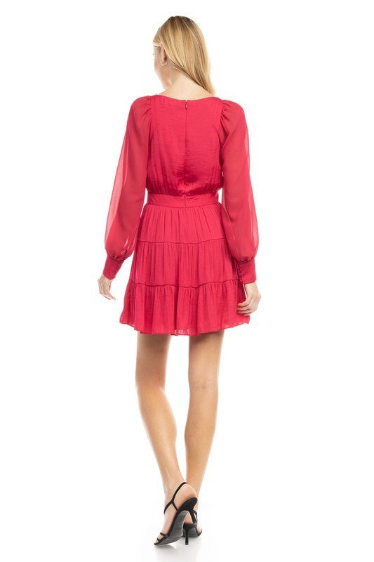 Contrast Long Sleeve Surplice Tiered Dress (Pick Color)