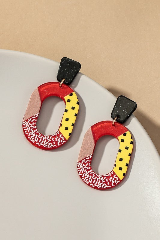 Cutout Oval Glitter and Color Blocks Earrings (Pick Color)