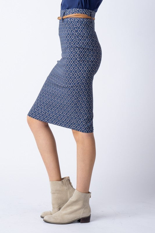 Printed High Waist Belted Pencil Skirt