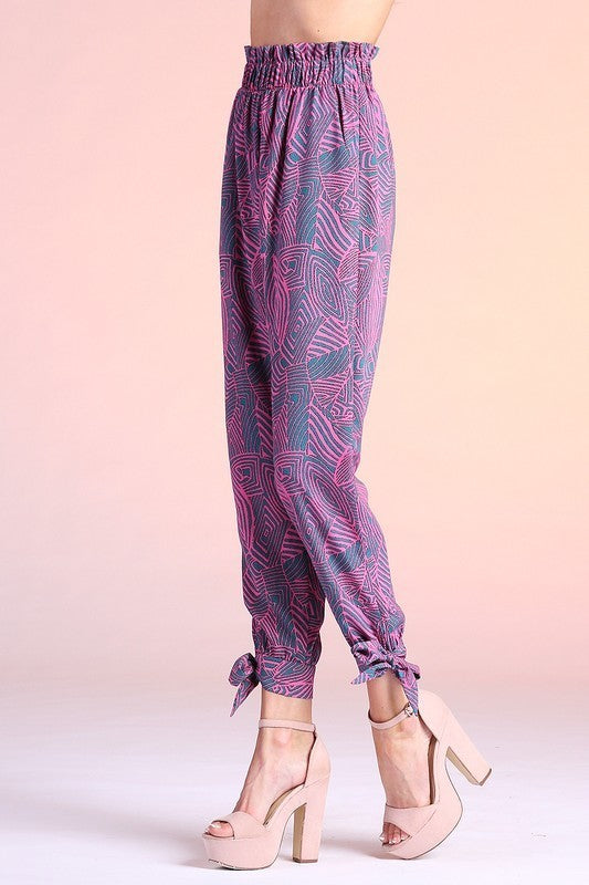 Mayan Leaf Ruffle Waist Ankle Pants