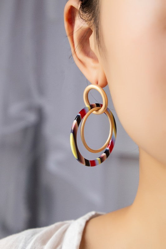Linked Metal Multi Color Acetate Stripe Hoops Earrings