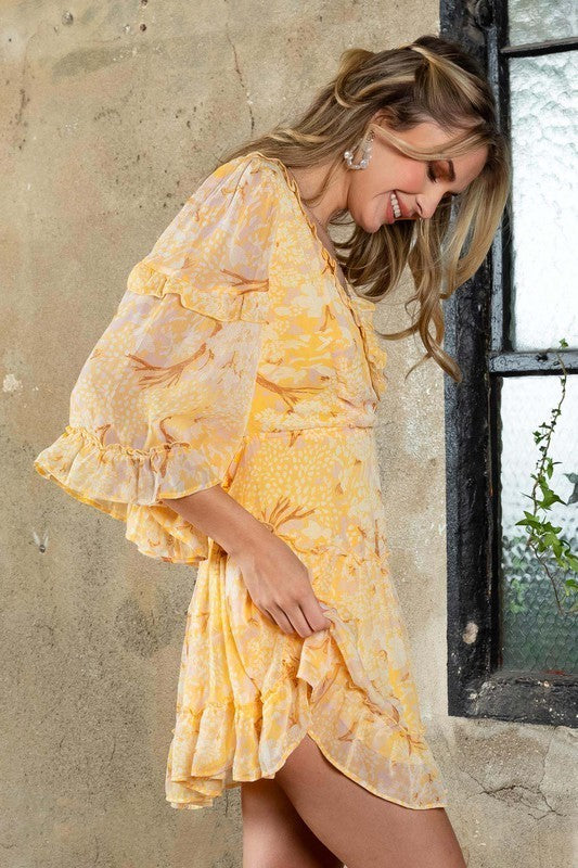 Floral Printed Ruffled Trim Mini Dress