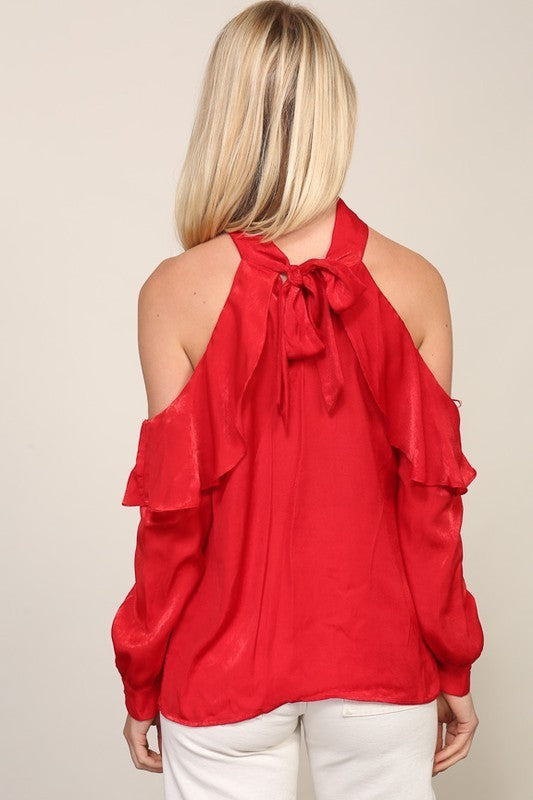 Cold Shoulder Satin Top (Pick Color)