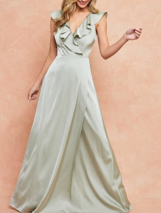 Ruffle Hem Sleeve Wrap Satin Formal Dress
