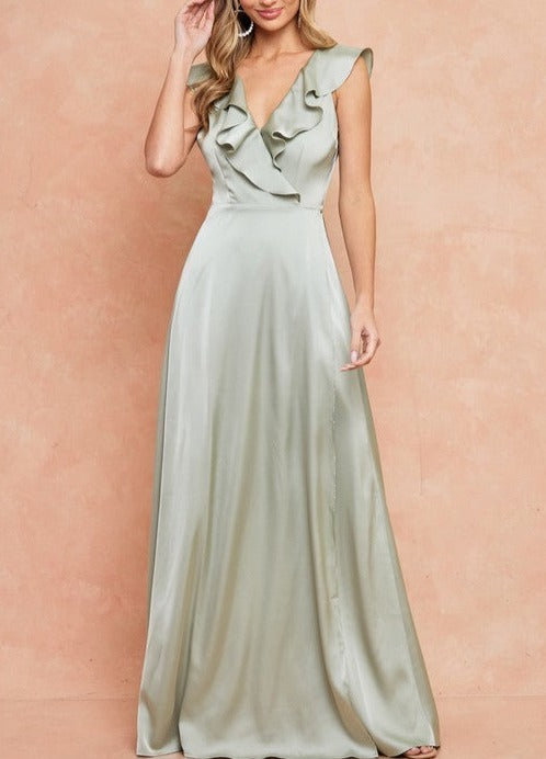 Ruffle Hem Sleeve Wrap Satin Formal Dress