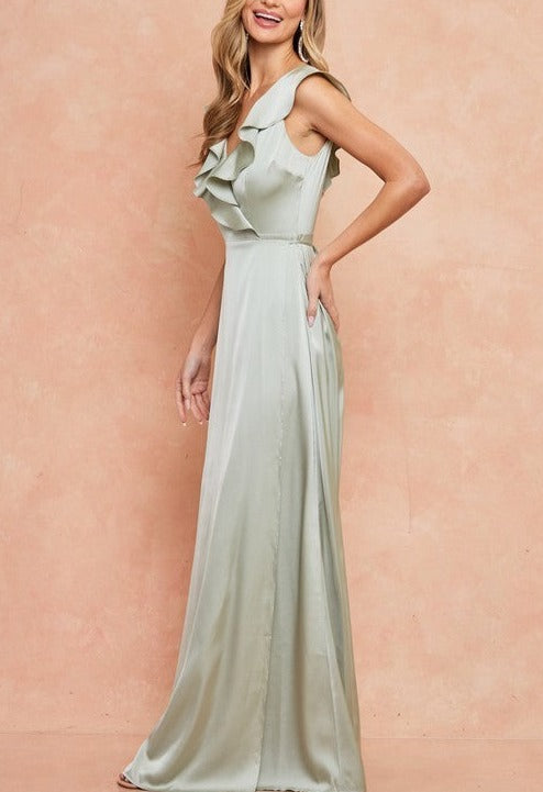 Ruffle Hem Sleeve Wrap Satin Formal Dress