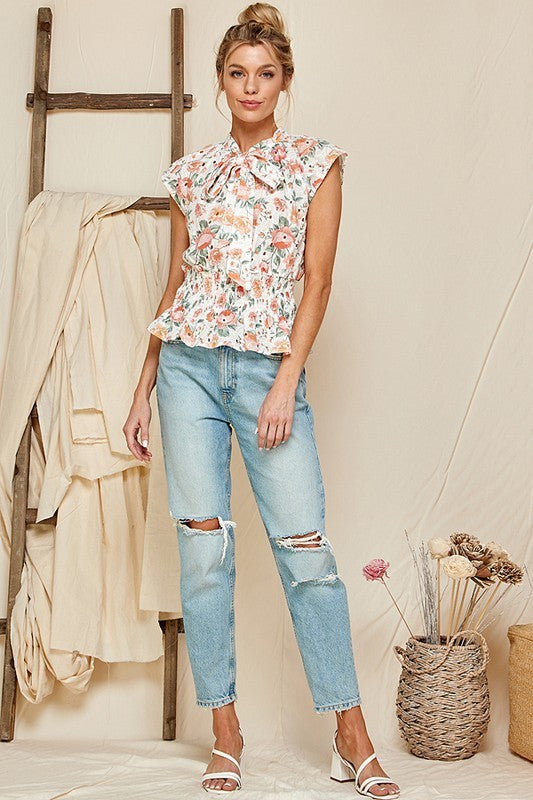 Sleeveless Floral Print Peplum Top
