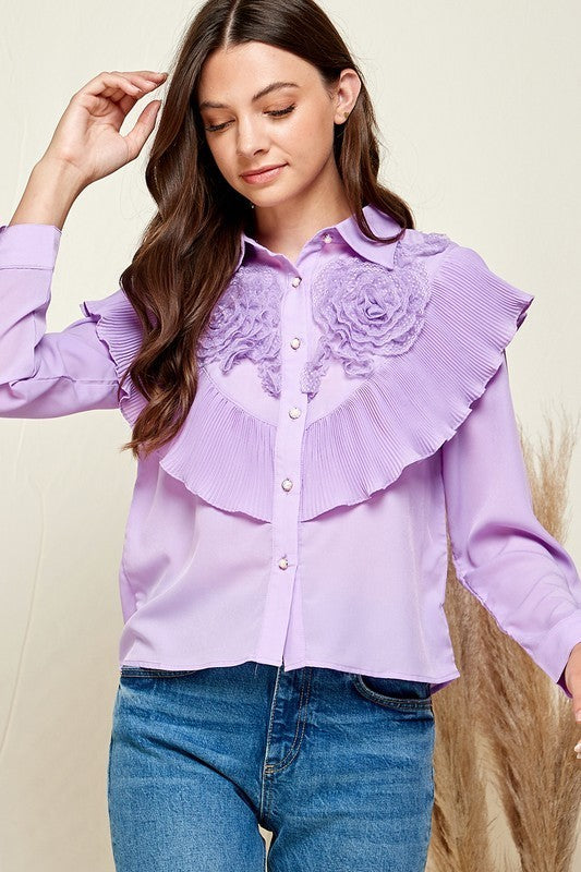 Ruffle Trim Pearl Button Top