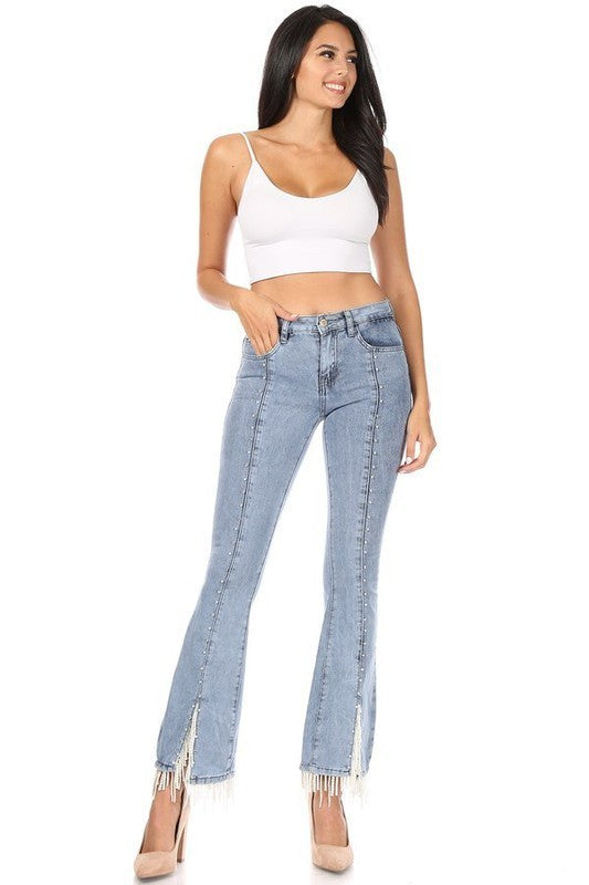 Rhinestone and Pearl Slit Leg Jeans