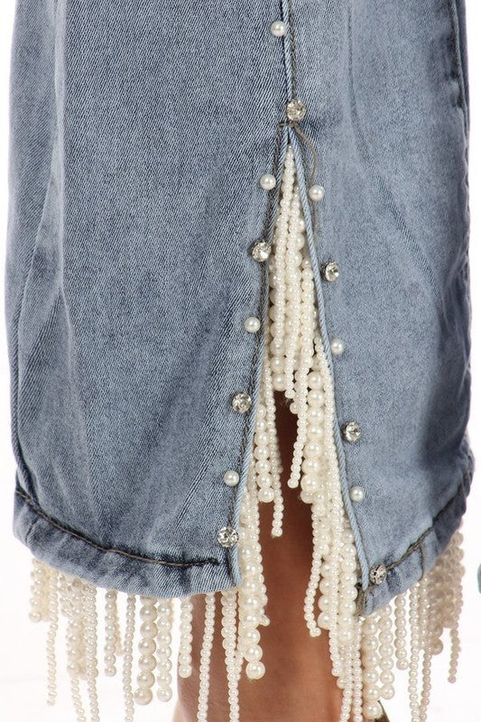 Rhinestone and Pearl Slit Leg Jeans