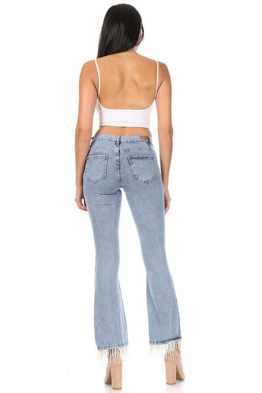 Rhinestone and Pearl Slit Leg Jeans