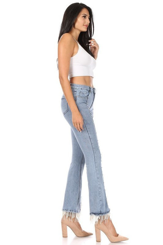 Rhinestone and Pearl Slit Leg Jeans
