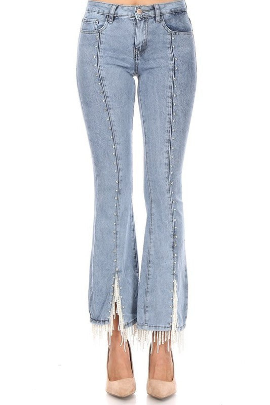 Rhinestone and Pearl Slit Leg Jeans