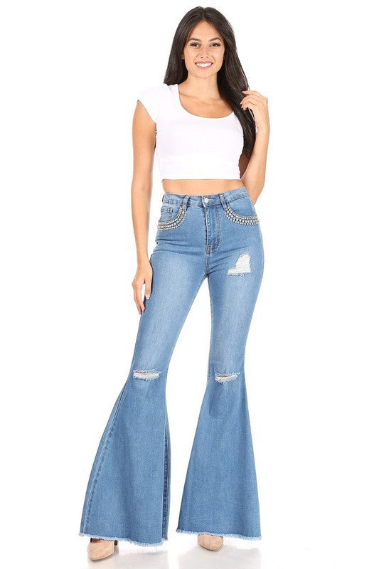 Distressed High Waisted Bell Bottom Rhinestone Jeans
