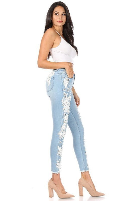 Distressed Lace Embroidered and Rhinestone Skinny Jeans