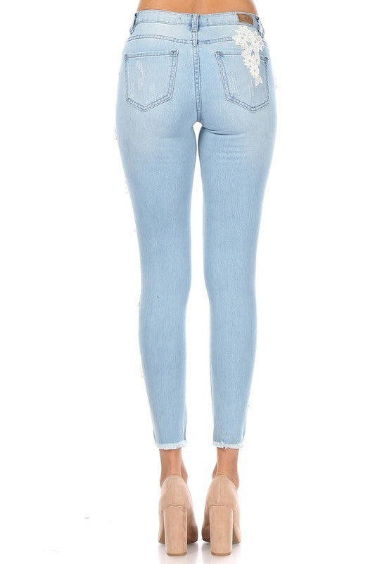 Distressed Lace Embroidered and Rhinestone Skinny Jeans
