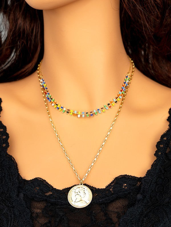 Multicolor Beads and Coin Charm Two Set Necklace