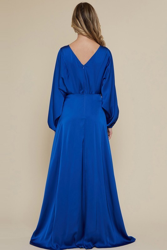 Ladies Satin Long Sleeve Slit Formal Dress