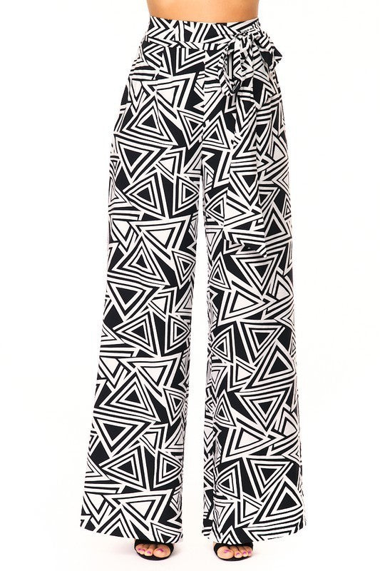 B&W Geometric Print Belted Pant