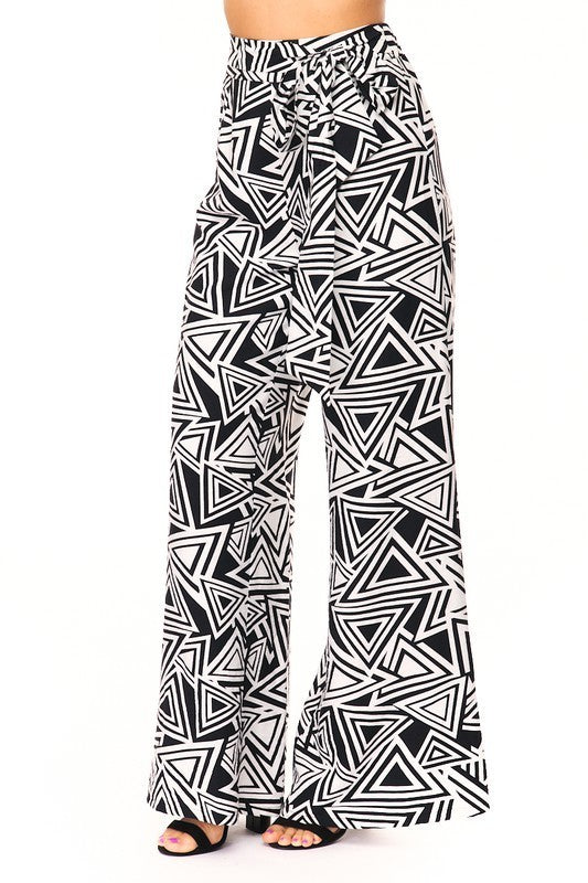 B&W Geometric Print Belted Pant