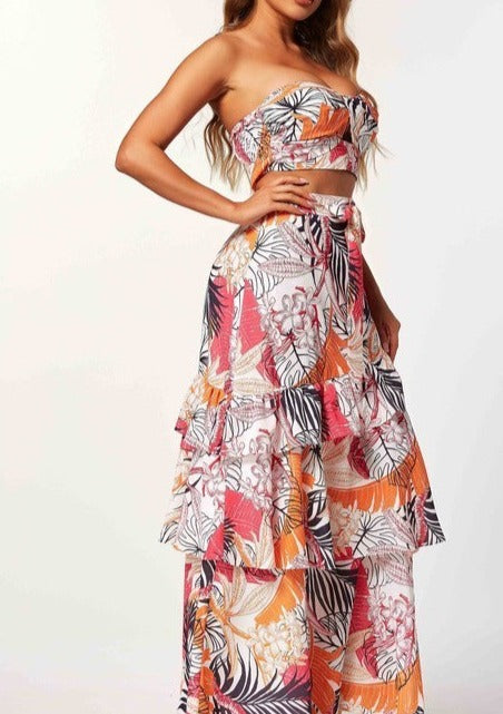 Floral Print Strapless Crop & Maxi Skirt Set